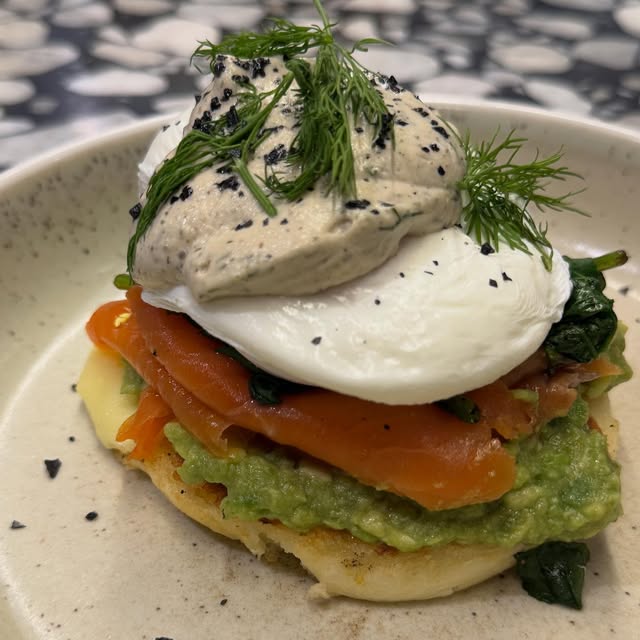Breakfast with smoked salmon, avocado and poached egg